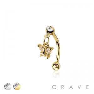 BUTTERFLY DANGLE CZ ROUND 316L SURGICAL STEEL CURVED BARBELL/EYEBROW